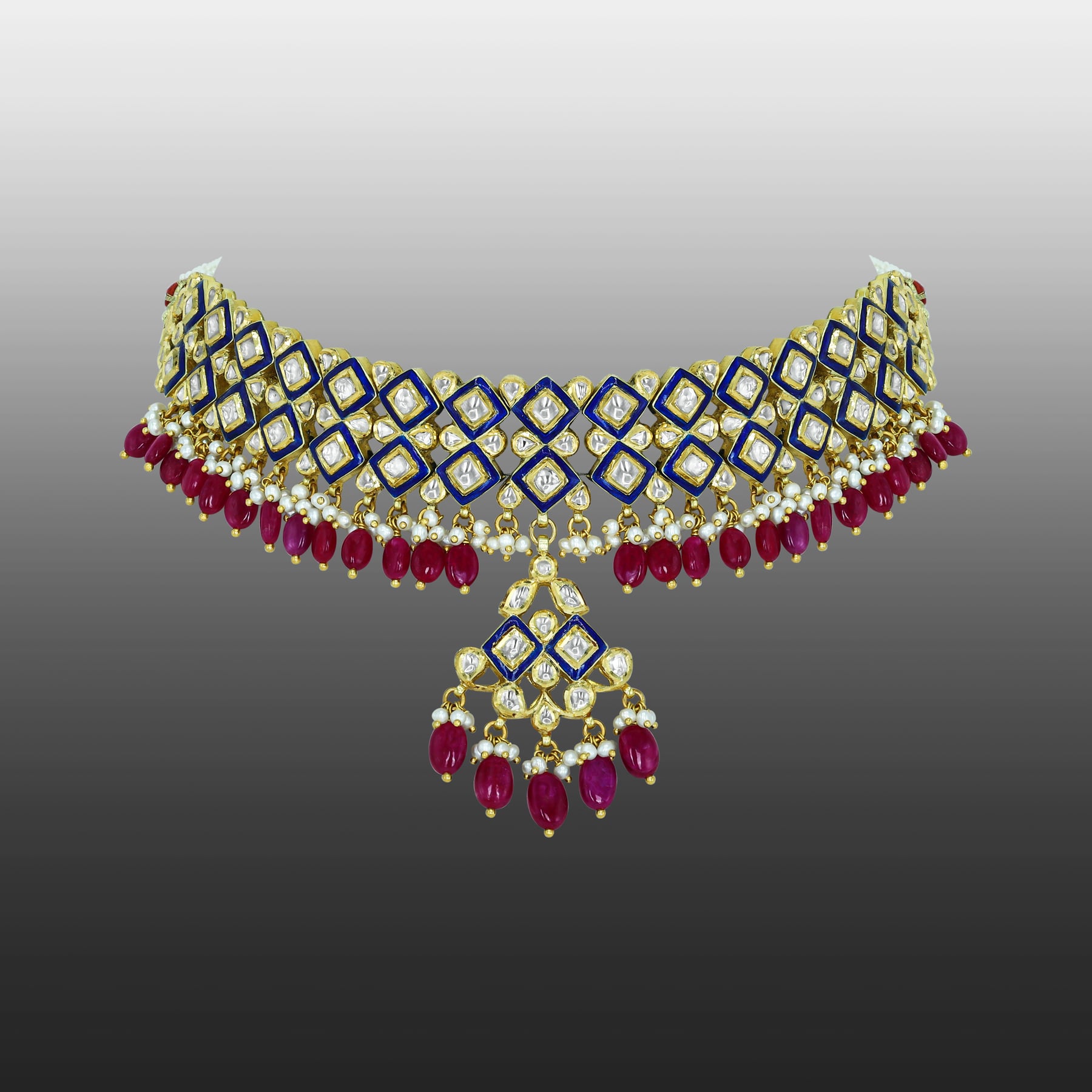 Polki Choker with Blue Enamel, Ruby Drops, and Culture Pearls